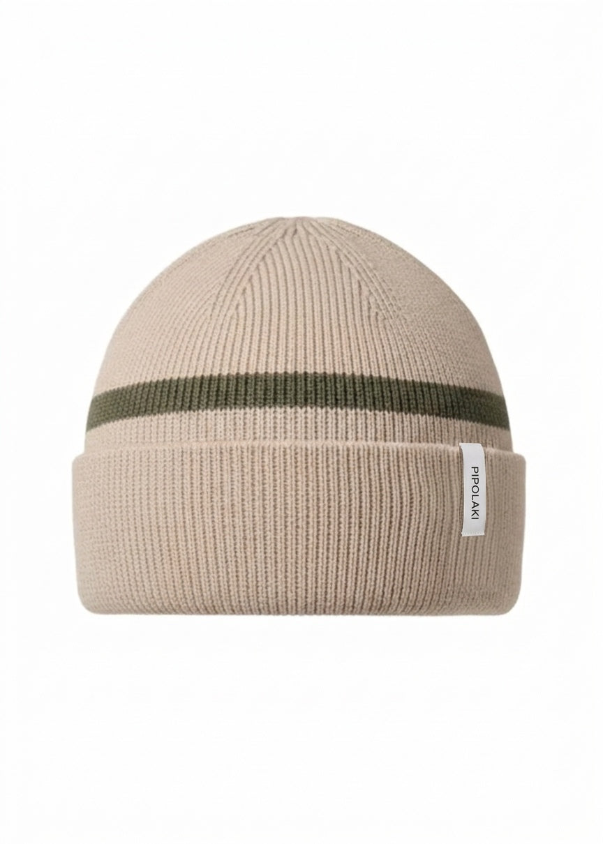 Bonnet Altitude Pipolaki beige à rayure kaki, étiquette tissée
