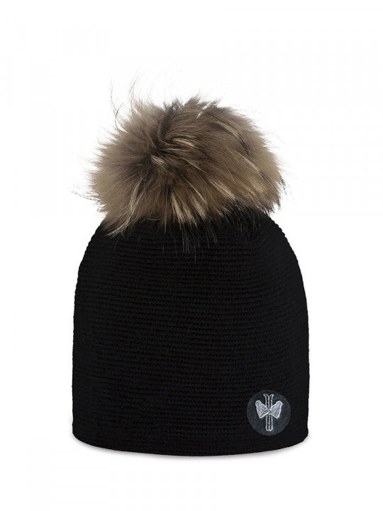 Bonnet Tivoli noir en maille côtelée à pompon - Pipolaki