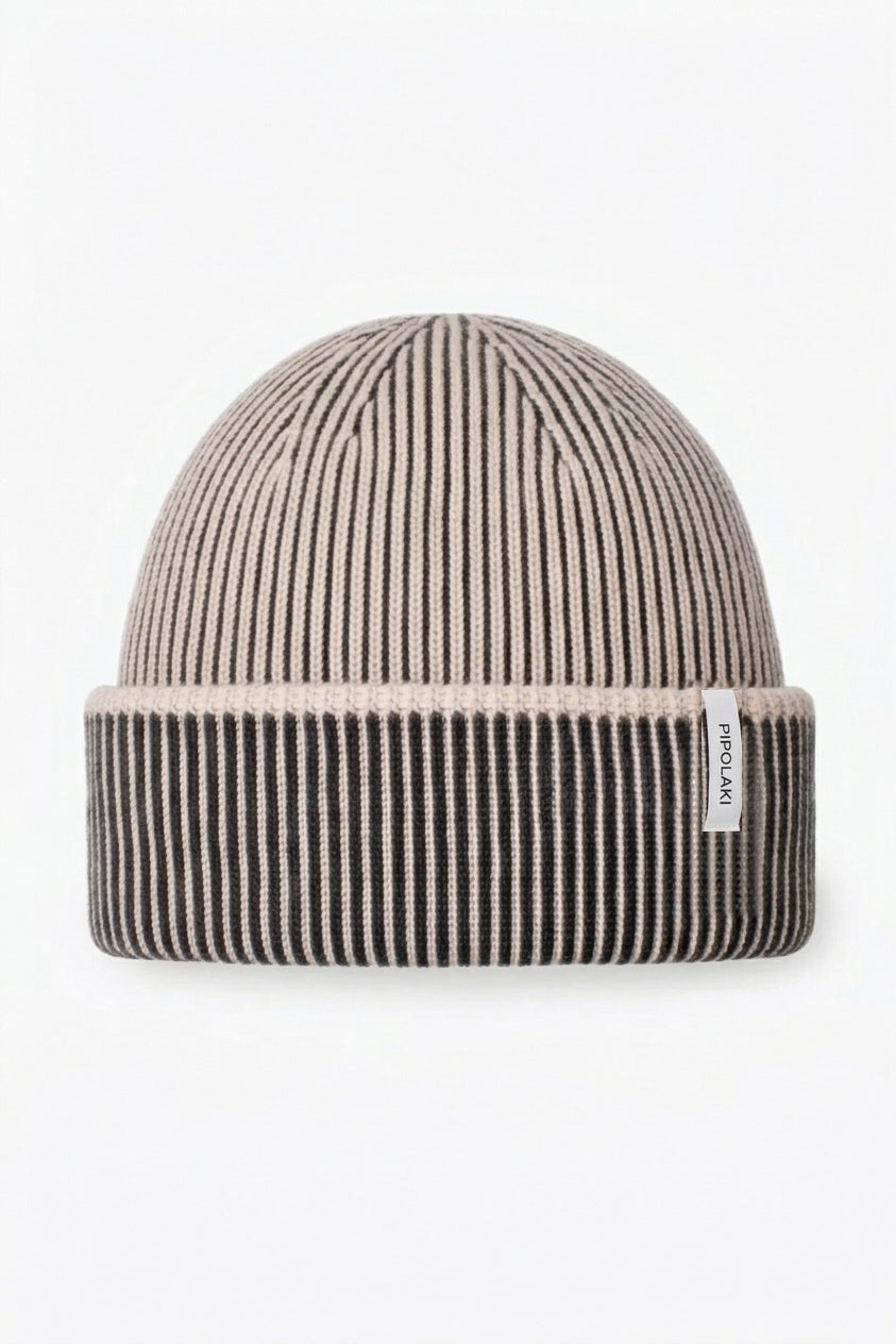 Bonnet Ubac Pipolaki côtelé noir et beige, laine mérinos